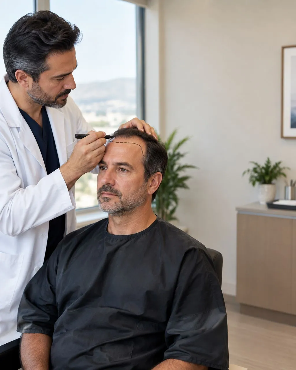 Surgeon marking a natural hairline design during a hair restoration consultation