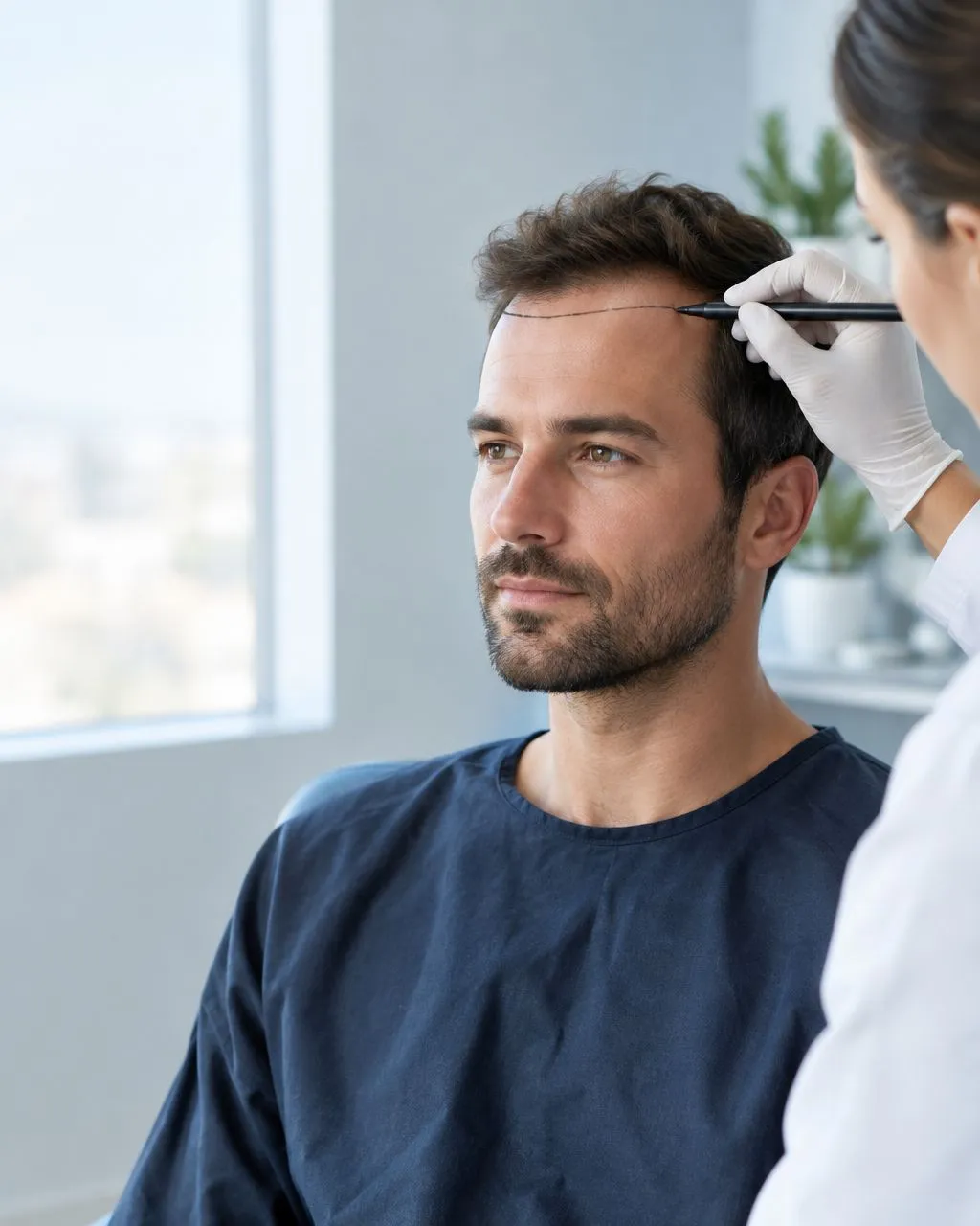 Surgeon marking a natural hairline design on a patient during a hair restoration consultation
