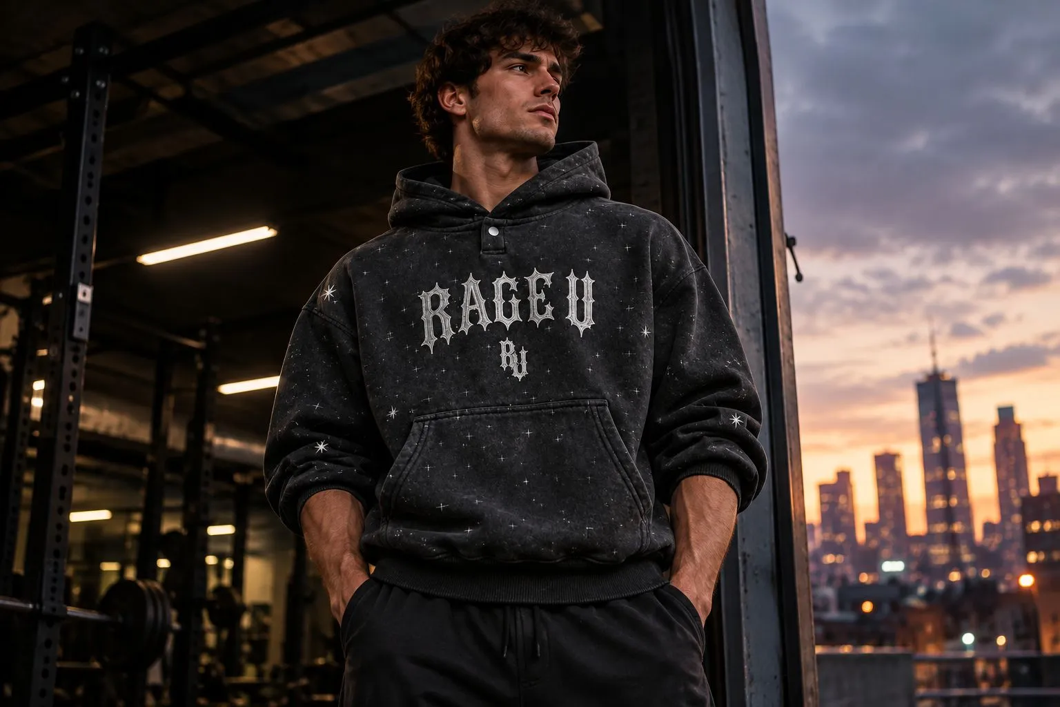 Man wearing an oversized numbered graphic hoodie in a gym doorway