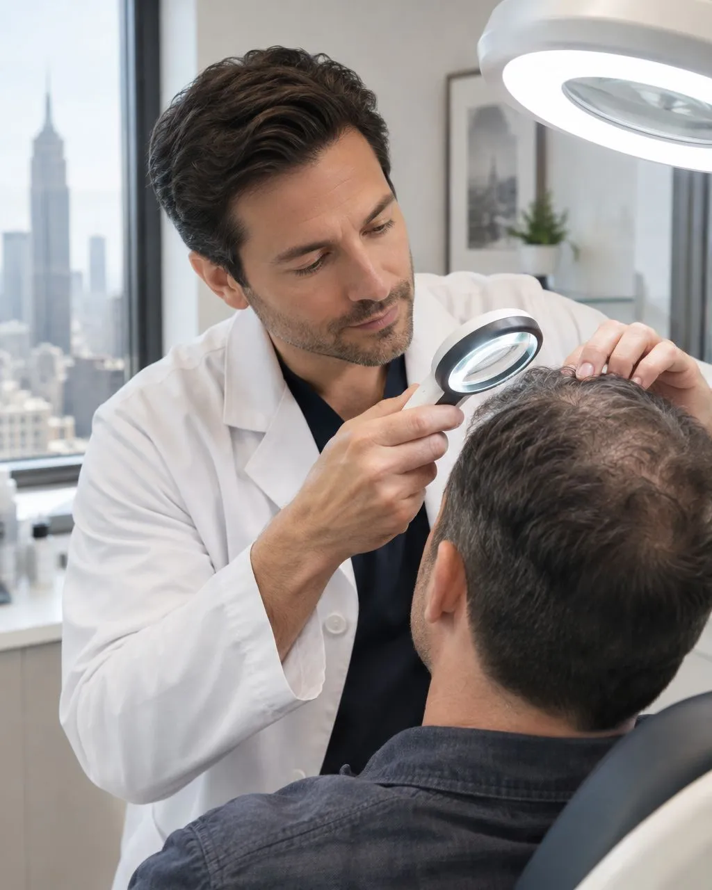 Hair restoration specialist examining a patient's scalp in a New York clinic